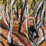 Blackbird in the Dry river bed - gouache and pastel on paper
